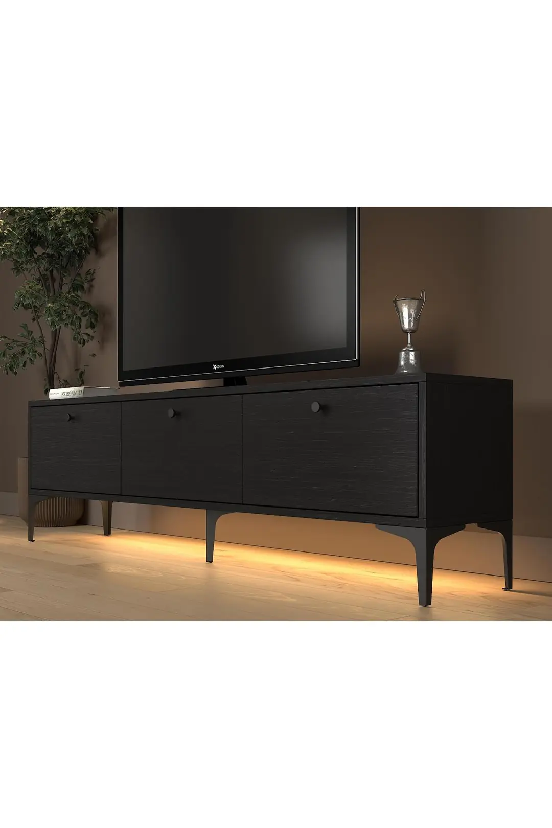 Paris Led Işıklı Dolaplı Minifiksli 160 Cm Tv Ünitesi - Tv Sehpası - Wood Siyah